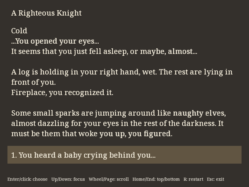 The native C++ version of A Righteous Knight, with the opening passage and its first choice